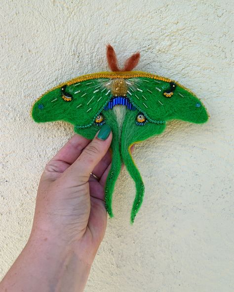 Green wool felt moth Cloth Projects, Lunar Moth, Moon Moth, Felting Ideas, Felt Ideas, Luna Moth, Felt Brooch, Hand Felted, Handmade Felt