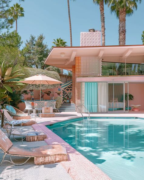 A touch of glamour to the Mid Century pool area 🏡 #mcm #architecture #midcenturymodern #midcenturyfurniture #glamour #glitterdecor #pooldesign #retroarchitecture #thisisnotreal #midjourney 1950s Beach House, 80s Pool, Vintage Pool Parties, Mid Century Modern Pool, Mid Century Pool, Cuba Beach, Mcm Architecture, Retro Pool, Palm Springs Aesthetic