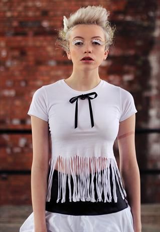 Pretty Disturbia punk grunge white Fringe tassel Top tshirt from Pretty Disturbia £9 Fringed Jacket, Punk Design, Tassel Top, White Fringe, Plain White Tee, Fringe Top, Punk Grunge, Fringe Jacket, Purple Shirt