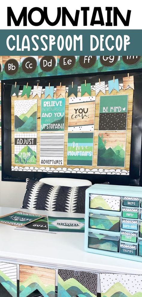 Mountains Classroom Decor, Mountain Themed Classroom, Mountain Classroom Decor, Mountain Classroom, Modern Classroom Decor, Themed Classroom Decor, Camping Classroom, Camping Theme Classroom, Classroom Makeover