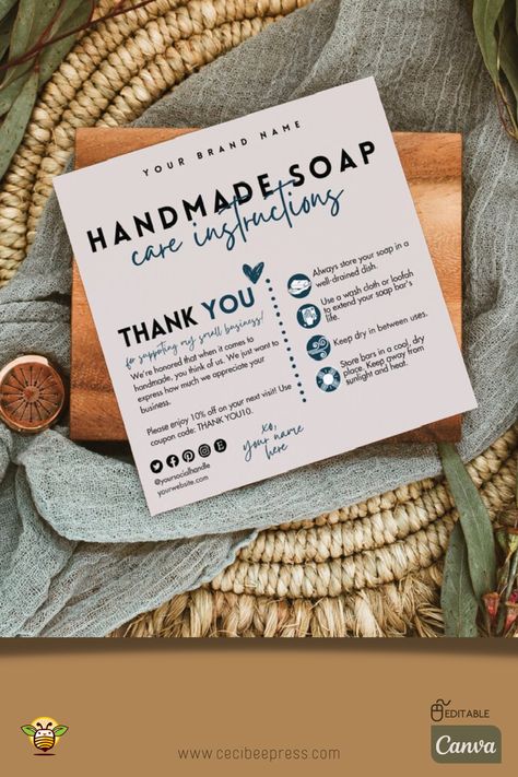 This editable Soap Care Card was designed with style while also aimed to help your business supply your customers with the information they need to care for the product they purchased! Head over to our shop to learn more and to see our full care card collection! Soap Business Cards Ideas, Soap Care Card, Organic Soap Recipe, Soap Label Design, Soap Packaging Diy, Handmade Soap Packaging, Natural Soaps Recipes, Soap Packaging Design, Care Instructions Card