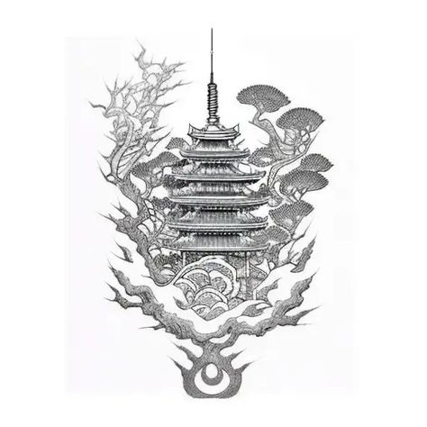 Japanese Architecture Tattoo, Japanese Shrine Tattoo, Japanese Tower Tattoo, Tower Tattoo, Temple Tattoo, Traditional Japanese Architecture, Japanese Shrine, Statue Tattoo, Tower Garden