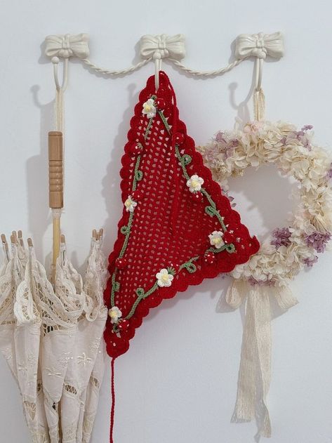 Strawberry Crochet Bandana, Strawberry Bandana Crochet, Bulletin Ideas, Crochet Bandana, Crochet Strawberry, Aerial Dance, Crochet Hair Accessories, Crochet Market Bag, Crochet Design Pattern