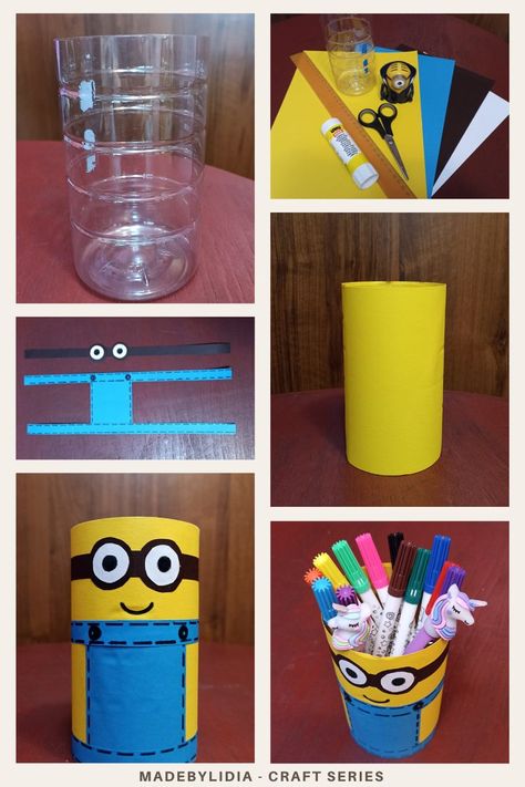 Great idea for recycling plastic bottle and organize your desk, with colorful pen holders for Kids. A step by step tutorial for a minion pen and pencil holder organizer for 'Despicable me' fans. It’s a very quick and easy project. With few required materials you can do a nice Pen and Pencil holder for your desk and get a nice organizer. For a better organization, you can also do few such holders with different sizes and it will look great. Please subscribe for more DIY kids projects Pen Holder With Plastic Bottle, Minion Pencil Holder, Pen Holder Ideas Pencil Organizer, Pens Holder Diy Craft Ideas, How To Make Pen Holder At Home, Pen Holder Diy Plastic Bottles, How To Make Pencil Holder, Pencil Holder Ideas For Kids, Pen Holder Diy Crafts