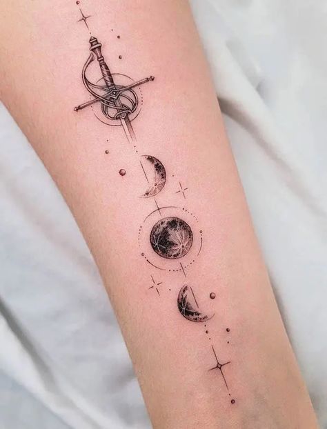 Tattoos With Great Meaning, Moon Rune Tattoo, Meaningful Space Tattoos, Moon Phase Tattoo Designs Spine, Elven Tattoo Ideas, Sun And Moon Swords Tattoo, Chipotle Tattoo, Planet Spine Tattoo, Phases Of The Moon Tattoo Spine