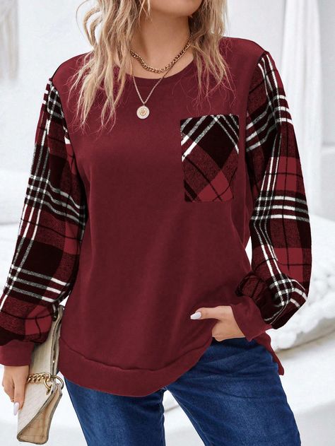 Burgundy Casual Collar Long Sleeve Fabric Plaid Pullovers Embellished Slight Stretch  Women Plus Clothing Plaid Pullover, 16 29, Lantern Sleeve, Lantern Sleeves, Kids Beachwear, Casual Sweatshirt, Fashion Online Shop, All Fashion, Plus Clothing