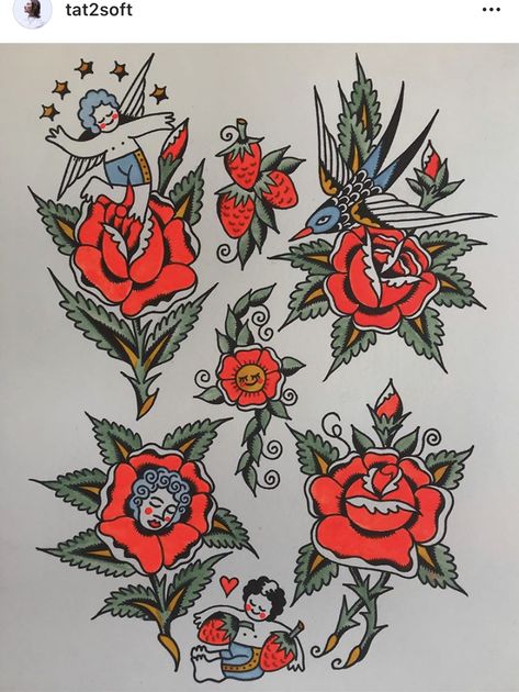 Rose Flash Sheet, Dumbest Tattoos, Old School Tattoo Sleeve, Traditional Tattoo Flash Art, Traditional Tattoo Flowers, Vintage Tattoo Design, Traditional Rose, Flash Sheets, Traditional Style Tattoo