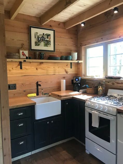 Tiny Cabin Renovation, Hunting Camp Ideas Cabin Kitchen, Small Cabin Airbnb, Tiny Cabin Living Room Ideas, 16x30 Shed House Interior, Log Cabin Airbnb Ideas, Small Lake Cottage Interiors Living Room, Small Cabin Renovation, Cabin Yard Ideas