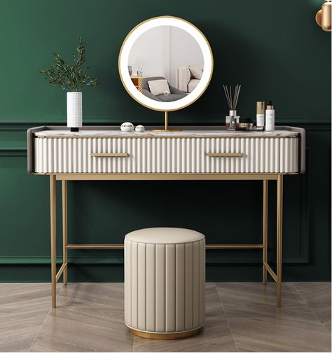 Mesmerizing beauty and stylish design with this lacquered and dimensional embossed makeup vanity, it is gorgeous yet practical. This vanity can fit in with all kinds of interior styles. #bedroom #vanitytable #dressingtable Makeup Vanity With Drawers, White Makeup Vanity, Hiasan Bilik Tidur, Aesthetic Interior Design, Dressing Table Design, Makeup Table Vanity, Прикроватные Тумбочки, Aesthetic Interior, White Makeup