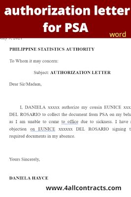 Sample Authorization letter for PSA 2022Find below, an example of authorization letter for PSA to adapt to your personnal needs. You can also download this document in word format. (adsbygoogle = window.adsbygoogle || []).push({}); Example of authorization letter for PSA :May 9, 2021 PHILIPPINE STATISTICS AUTHORITY To Whom it may concern: Subject: AUTHORIZATION LETTER Dear Sir/Madam, I, DANIELA xxxxxx authorize my cousin EUNICE xxxx DEL ROSARIO to collect the d Philippines Word, Authorization Letter, Environment Quotes, Princess Party Invitations, Camera Logos Design, Lesson Plan Sample, Proposal Letter, Yours Sincerely, Letter Of Intent