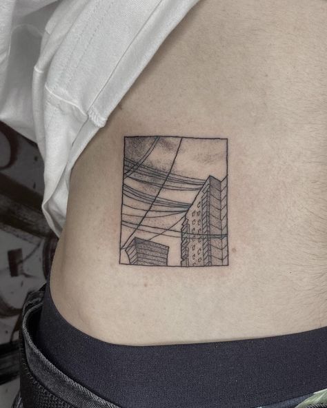 Small City Tattoo, Roof Tattoo, Rectangular Tattoo Ideas, Frame Tattoo Design Square, Buildings Tattoo, Box Tattoo Ideas, Lofi Tattoo, Square Tattoo Ideas, Panel Tattoo