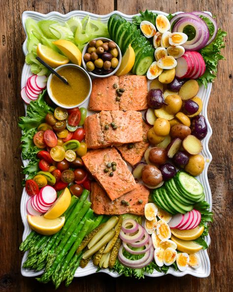 Niçoise Salad with Oven Roasted Coho Salmon - Zimmy's Nook Salmon Nicoise, Coho Salmon, Oven Roasted Salmon, White Balsamic Vinaigrette, Beef Flank Steak, Antipasto Skewers, Carrot Slaw, Grilled Chicken Skewers, White Balsamic