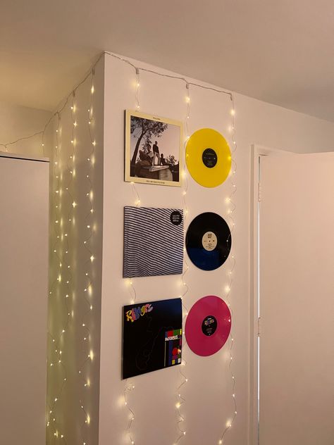 Vinyls On Wall, Vinyls On Wall Aesthetic Bedroom, Records On Wall Aesthetic, Record And Vines Room Decor, Records On Wall Aesthetic Painted, The Wallows Vinyl, Vinyl Record Crafts, Record Crafts, College Dorm Rooms