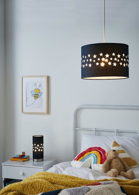 Glow Stars Shade (20cm x 30cm x 30cm) – Navy – Matalan Glow Cloud, Yellow Cloud, Glow Stars, Hexagon Design, Lasercut Design, Led Table Lamp, The Glow, Hexagon Shape, Kids Rooms