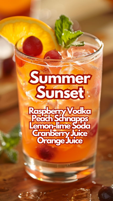 Summer Sunset Cocktail Summer Party Punch Alcohol Drink Recipes, Peach On The Beach Drink, Sour Apple Alcoholic Drinks, Sunset Alcohol Drink, Summer Beverages Alcohol, Peach Schnapps Cocktails, Drinks With Peach Schnapps, Cool Alcoholic Drinks, Non Alcoholic Cocktails Recipes