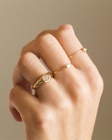 Simple & Dainty Jewelry on Instagram: “Our current favorite stack - starburst signet ring, baguette ring, & knot ring! Last day of our signet ring giveaway is today - enter 3…” Rings Everyday Casual, Simple Rings Everyday Casual, Simple Rings Everyday, Rings Everyday, Layering Essentials, Gold Knot Ring, Pink Morganite Ring, Simple Rings, How To Wear Rings