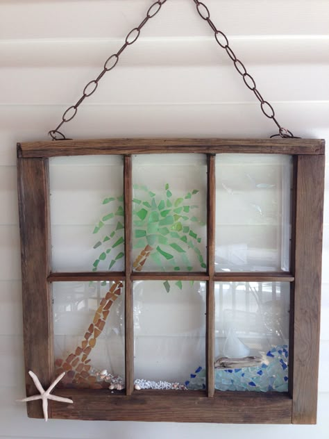 Seaglass Window, Seaglass Ideas, Beach Glass Projects, Beach Window, Sea Glass Window, Sea Ideas, Beach Rock Art, Mosaic Windows, Beach Decorations