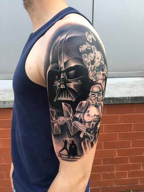 Fred Tattoo, R2d2 Tattoo, Darth Vader Tattoo Design, Stormtrooper Tattoo, Star Wars Tattoo Sleeve, Darth Vader Tattoo, Star Wars Ring, Chicago Tattoo, Tattoos Skull