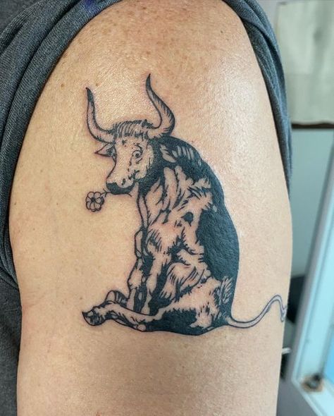 Ferdinand The Bull Tattoo, The Bull Tattoo, Ferdinand The Bull, Ferdinand The Bulls, Bull Tattoo, Woodcut Tattoo, Army Tattoos, Literary Tattoos, Bull Tattoos