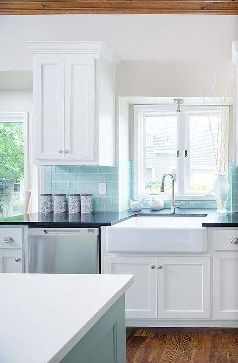 Tiffany Blue Subway Tile Backsplash, Transitional, Kitchen Tiffany Blue Kitchen, Blue Subway Tile, White Kitchen Backsplash, Blue Backsplash, Herringbone Backsplash, House Of Turquoise, Beach House Kitchens, Backsplash Tiles, Subway Tiles