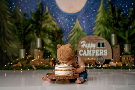 Happy Camper Cake Smash, Happy Camper Smash Cake, One Happy Camper Smash Cake, Happy Camper Cake, Camper Cake, Camper Cakes, Camping Photoshoot, Cake Smash Theme, One Happy Camper