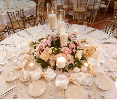 Low Wedding Centerpieces, Gold Wedding Flowers, Pink And White Weddings, Low Centerpieces, Candle Wedding Centerpieces, Wedding Floral Centerpieces, Long Island Wedding, Reception Centerpieces, White Wedding Flowers