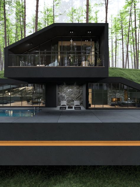 Black villa in Harriman State Park, New|Villa Reza Mohtashami, Matte Black House, Black Villa, Houses Black, Luxury Houses Mansions, Stunning Interior Design, Casa Container, Stovetop Potpourri, Village House Design