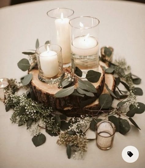 Boho Tablescape Wedding Table Decor, Wood Candle Centerpiece Wedding, Log Rounds Centerpieces, Green And Brown Centerpieces, Nature Themed Table Decor, Rustic And Pearls Wedding, Rustic Circle Table Wedding, Simple Wood Centerpieces, Forest Green Wedding Reception Decor