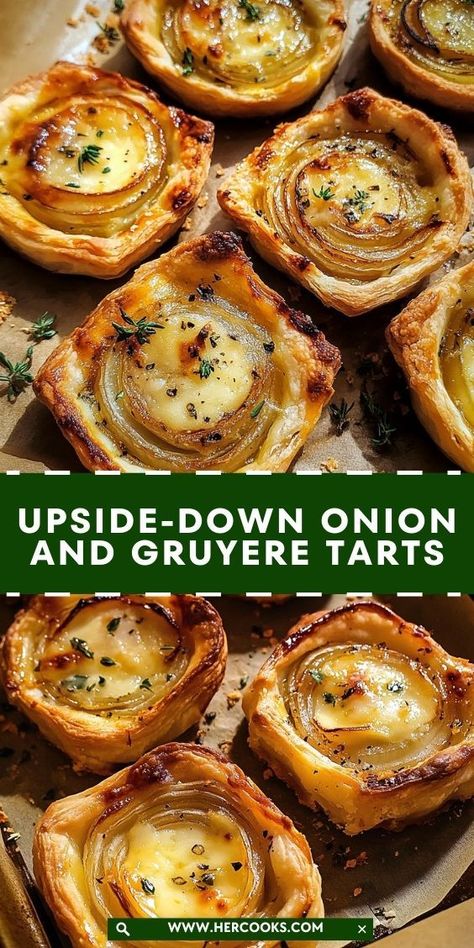 Elevate your appetizer game with these elegant Upside-Down Onion and Gruyere Tarts, where sweet caramelized onions meet the creamy richness of Gruyere in a perfectly baked puff pastry shell. Puff Pastry Shells, Cheese Puff Pastry, Classic Appetizers, Gruyere Cheese, Flaky Pastry, Caramelized Onions, Recipe Collection, Christmas Dinner, Christmas Food