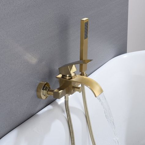 Waterfall Wall-mount Bath Tub Filler Faucet with Handheld Shower Brushed Gold - 7'6" x 9'6" - Bed Bath & Beyond - 36092120 Guest Bathroom Design, Nailhead Headboard, Bathtub Filler, Freestanding Tub Faucet, Roman Tub Faucets, Waterfall Wall, Waterfall Faucet, Wall Mount Faucet, Brass Faucet