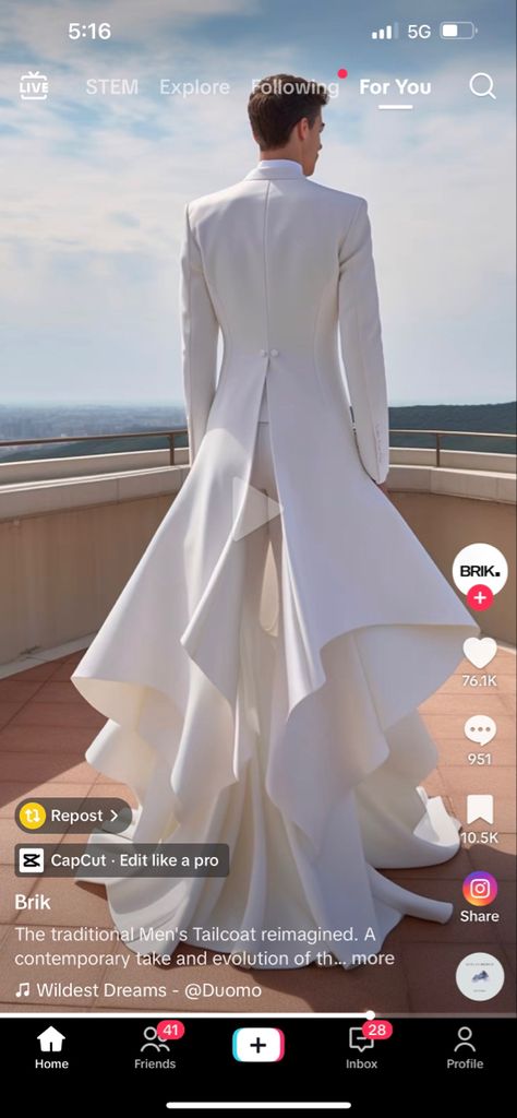 White Suit With Train, Male Wedding Dress Mens Fashion, Male Bride Outfit, Mens Wedding Suit With Cape, Classy Men’s Outfits, Wedding Suit With Cape, Ethereal Aesthetic Outfits Men, Nonbinary Wedding Attire, Gay Wedding Dress