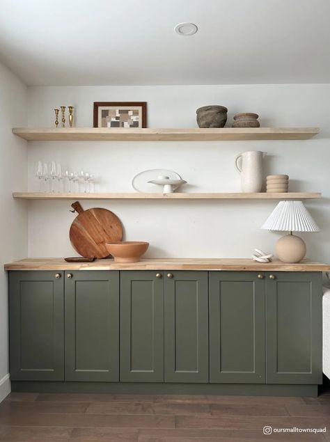 Corner Shelves Dining Room, Buffet With Shelves Above, Cabinets With Floating Shelves, Built In Corner Shelves, Built In Dining Room Hutch, Built In Buffet Dining Room, Diy Floating Shelves Kitchen, Dining Room Open Shelving, Dining Room Cabinets