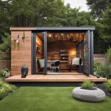 Contemporary Sheds: Reimagining Modern Outdoor Spaces – elsesun Prefabricated Sheds, Contemporary Sheds, She Shed Designs, Garden Office Shed, Covered Terrace, Shed Construction, Modern Outdoor Spaces, Modern Shed, Studio Shed