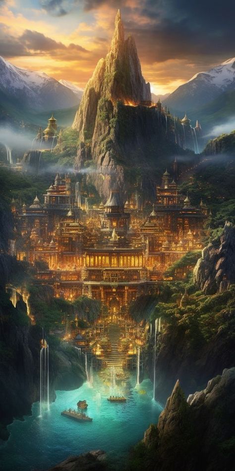 City In The Mountains Art, Flying City Fantasy Concept Art, Mountain Kingdom Fantasy Art, City In Mountain, Mountain City Fantasy Art, Fantasy Places Mystic, Fantasy Landscape Concept Art, Fantasy World Landscapes, Mystical Mountains