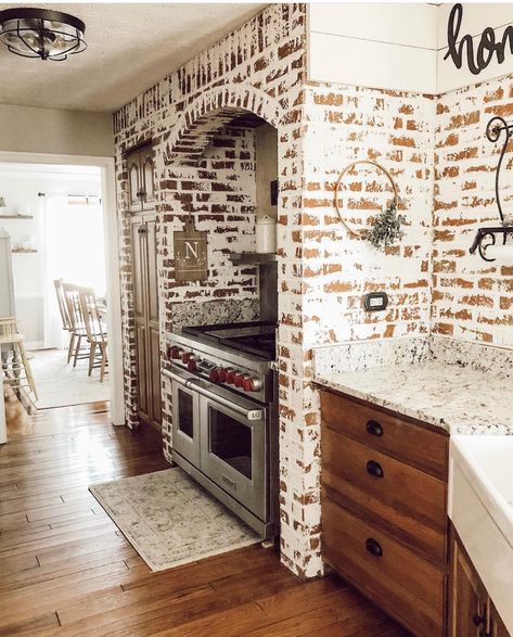 German Schmear, German Smear, Kitchen Goals, Brick Interior, Brick Fireplace Makeover, White Wash Brick, Faux Brick Walls, Brick Kitchen, Kitchen Fireplace