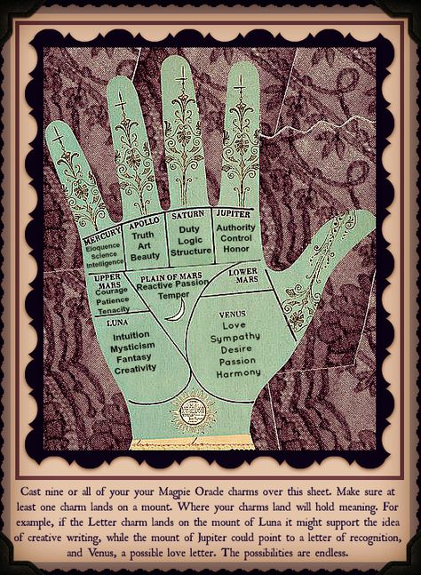 Tell it ot the Hand - CarrieParis.com Charm Divination, Magpie Oracle, Basic Witchcraft, Etsy Aesthetic, Hand Reading, Charm Casting, Growth And Healing, Divination Methods, Lenormand Cards