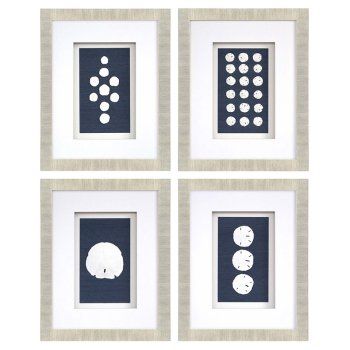 Authentic sand dollars are mounted onto blue sisal grasscloth, giving the Paragon Sand Dollars Framed Wall Art - Set of 4 its natural beauty. Each piece in this four-piece set is beautifully matted and framed in a natural colored shadow box behind glass. For a dramatic display, style these four framed art pieces together as a square or in a row. Pansy Shell, Sand Dollar Art, Blue Framed Art, Sand Dollars, Shadow Box Art, Shell Art, Sand Dollar, Art Print Set, Champagne Gold