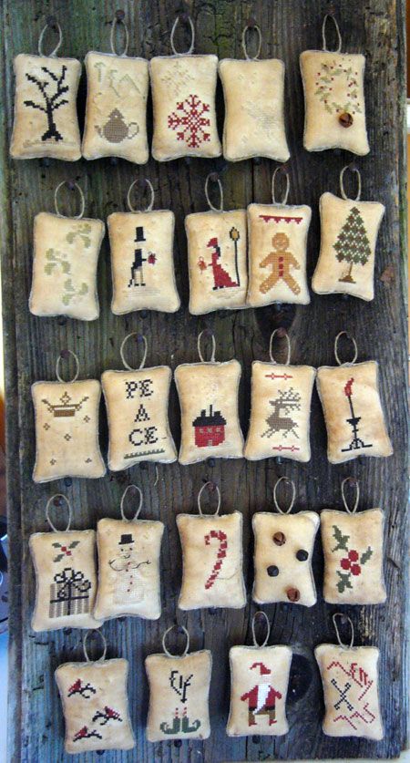 The Primitive Hare: Whimsical Advent Calendar Cross Stitch Ornaments, Cross Stitch Material, Stitch Ornaments, Free Chart, Cross Stitch Christmas, Cross Stitch Christmas Ornaments, Stitch Christmas, Primitive Crafts, Handmade Christmas Decorations