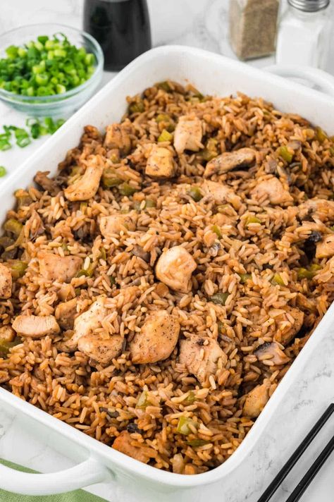 Oven Baked Chicken Fried Rice - Simply Stacie Chinese Rice Casserole, Baked Chicken Fried Rice, Cooked Chicken Leftovers, Oven Baked Bacon, Greek Chicken Salad, Simply Stacie, Freezing Food, Chicken Fried Rice Recipe, Better Than Takeout