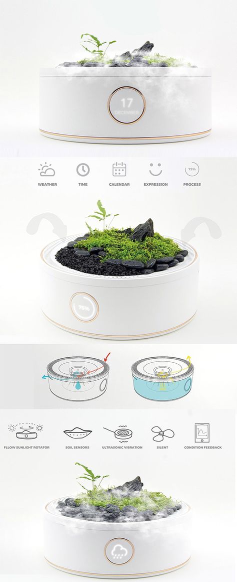 If you’re not into plain old potted plants, there are plenty of alternative ways to exercise your green thumb! One ultra-cool example is this modern planter that makes it possible to create and manage your own micro-geothermal mini mountain. It’s called the Smart Mountain and it utilizes a few neat tricks to keep your plants in perfect conditions. It monitors the soil with smart sensors that provide real-time feedback to the user via an app on their smartphone. Future Product Design, Smart Planter, Ways To Exercise, Smart Farm, Indoor Farming, Smart Products, Modern Planter, Garden Modern, Neat Tricks