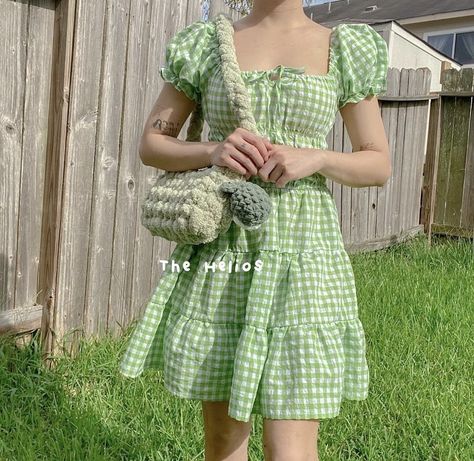 Green Soft Aesthetic Korean, Green Checkered Dress, Cat Closet, Dress Picnic, Butterfly Sleeve Dress, Green Checkered, Aesthetic Korean, Cottagecore Outfits, Digital Closet