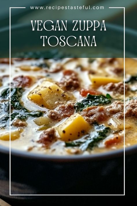 A hearty and flavorful vegan version of the classic Italian soup, Zuppa Toscana, packed with vegetables, vegan sausage, and creamy goodness. Zuppa Toscana Vegan, Tuscan Soup Vegan, Hearty Vegan Soup, Vegan Zuppa Toscana Soup, Vegan Italian Sausage Recipe, Soup Zuppa Toscana, Vegan Zuppa Toscana, Zuppa Toscana Soup, Tuscan Soup