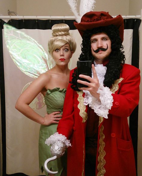 Disney Villain Couples Costume, Tinkerbell And Hook Costume, Disney Couples Costume Ideas, Captain Hook And Tinkerbell Costume, Tinkerbell And Captain Hook Costume, Husband And Wife Halloween Costumes, Couple Costumes Disney, Female Costume Ideas, Disney Characters Halloween Costumes