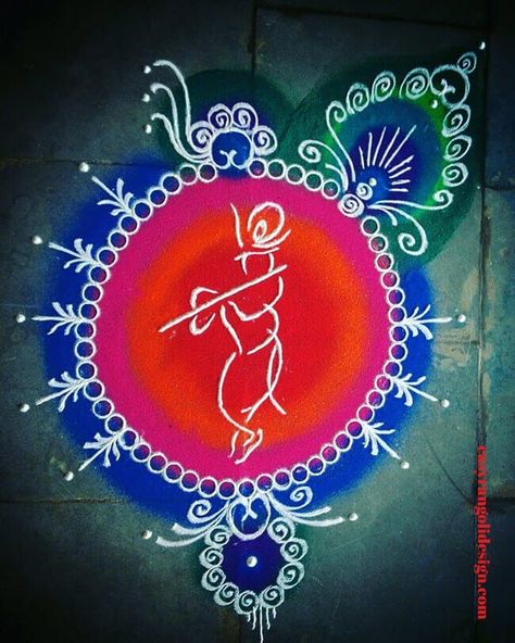 50 Cute Rangoli Designs (Rangoli Ideas) - October 2019 Janmashtami Kolam Designs, Krishna Simple Rangoli, Rangoli For Krishna Janmashtami, Janamashtami Rangoli, Rangoli Designs For Janmashtami, Diwali Rangoli Krishna, Janmashtami Rangoli Ideas, Easy Krishna Rangoli, Krishna Janmashtami Rangoli Designs