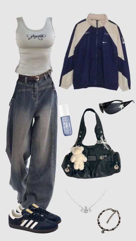 #meinerstershuffle #myfirstshuffle #y2kstyle #campusadidas #baggystyle #baggy pants #darkblue #cutebag #y2kaesthetic #acubistyle #soldejanerio Check Pants Outfit, Baggy Pants Outfit, Outfits Baggy, Relaxed Outfit, Everyday Fashion Outfits, Easy Trendy Outfits, Baggy Pants, Cute Everyday Outfits, Casual Style Outfits