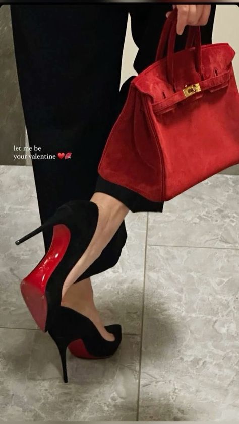 Red Birkin Bag, Louboutin Heels Outfit, Red Birkin, Hermes Birkin Bag, Heels Aesthetic, Shoes Heels Classy, Ysl Heels, Mode Abaya, Louboutin Heels