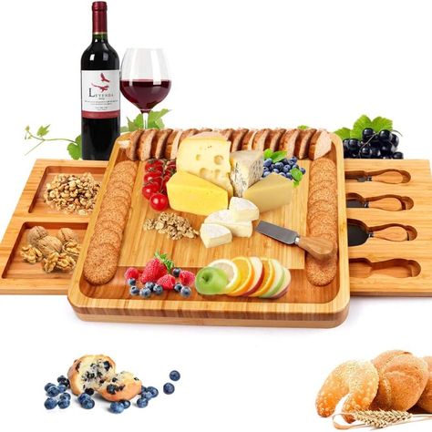 Bamboo Cheese Board with Cheese Tools, Cheese Plate Charcuterie Board Platter Set Serving Tray for Wine Cracker Brie and Meat, Large Thick Wooden Server, Fancy House Warming Gift for Gourmets. Fancy, House decor, kitchen, wood board Beautiful Cheese Board, Steel Utensils, Utensil Tray, Dinner Tray, Cheese Board Set, Natural Cheese, Party Food Buffet, Charcuterie Inspiration, Charcuterie Platter