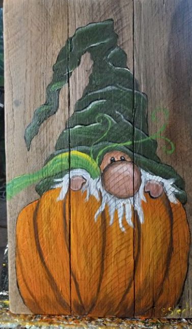 Halloween Painted Knomes, Pumpkin Gnome Painting, Painted Fall Leaves On Wood, Thanks Giving Painting Ideas, Fall Home Crafts, Painted Boards Ideas, Diy Fall Paintings On Canvas Easy, Wood Pumpkin Painting Ideas, Fall Gnomes Painting