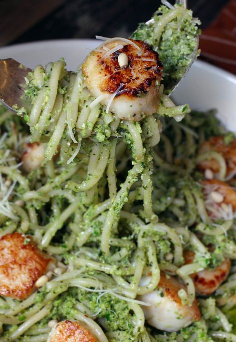 Garlic Scape Pesto Bucatini And Scallops Pesto Scallops Pasta, Scallop Pesto Pasta, Pesto Bucatini, Garlic Scapes Recipes, Scapes Recipes, Pasta With Fish, Scape Recipes, Husband Food, Scape Pesto