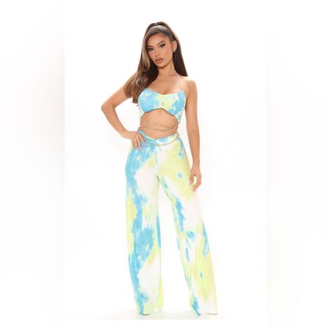 Green And Blue Jumpsuit With Attached Belt. Tie Dye Matching Set, 70 Fashion, High Waisted Dress Pants, Tie Dye Pants, Crop Top And Leggings, Blue Jumpsuit, Fashion Nova Pants, Blue Jumpsuits, Trending Fashion Outfits